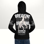 MONROE STORE black unisex hoodie with 'BREAKING DANCE CULTURE' graphic and b-boy doing a handstand.