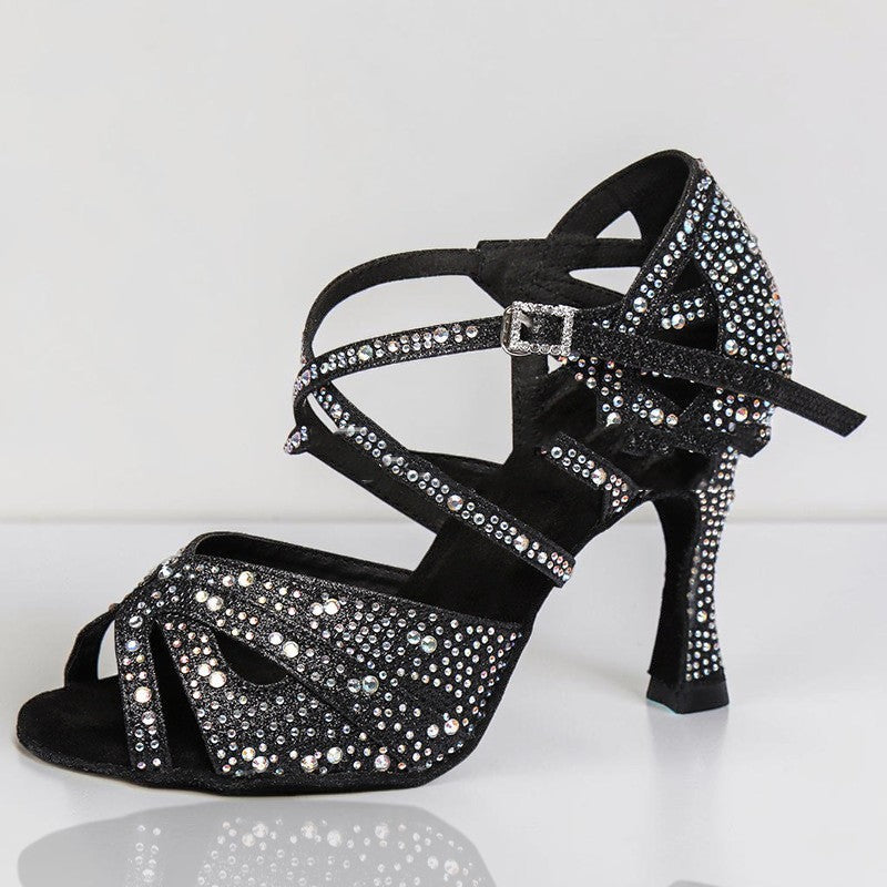 MONROE STORE black ballroom dance heels with crystal embellishments, strappy design, and secure ankle buckle.