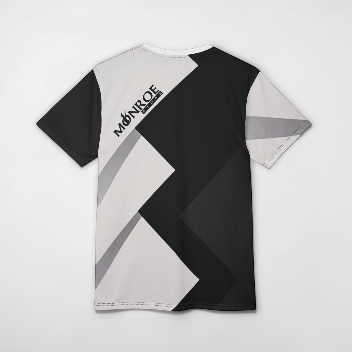 MONROE STORE Waacking Queen Cut & Sew Tee, black, white, and grey geometric pattern, 100% polyester, short sleeves, crew neck.